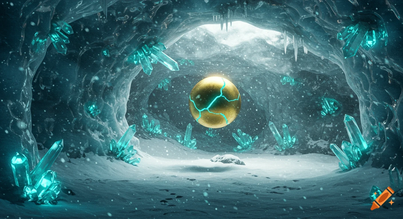 A fantasy scene of a glowing ice cavern filled with turquoise crystals surrounding a cracked golden sphere radiating light.