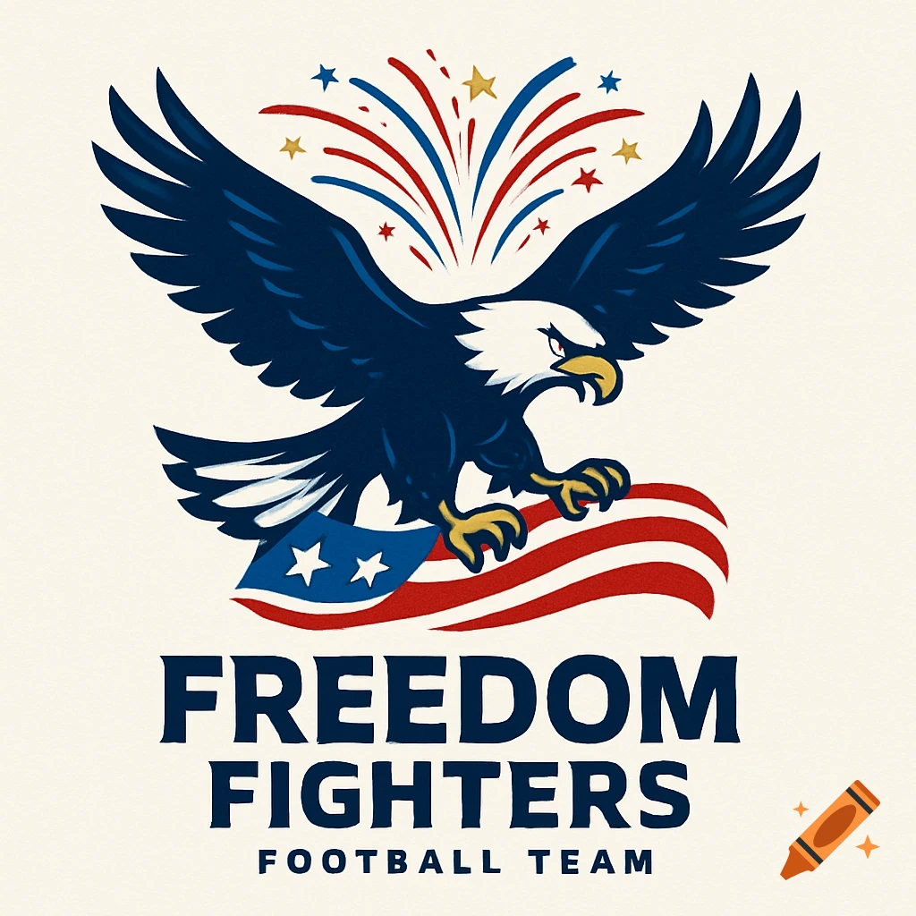 A patriotic logo featuring a bald eagle, an American flag, and fireworks with the text 'Freedom Fighters Football Team'.