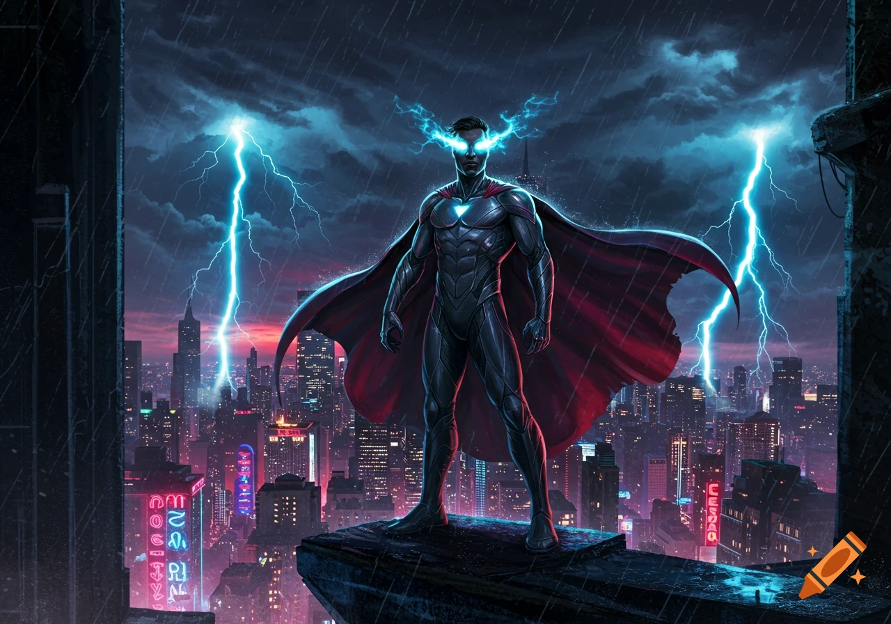 A powerful superhero with glowing blue eyes and a red cape stands on a city rooftop during a rainy, lightning storm at night.