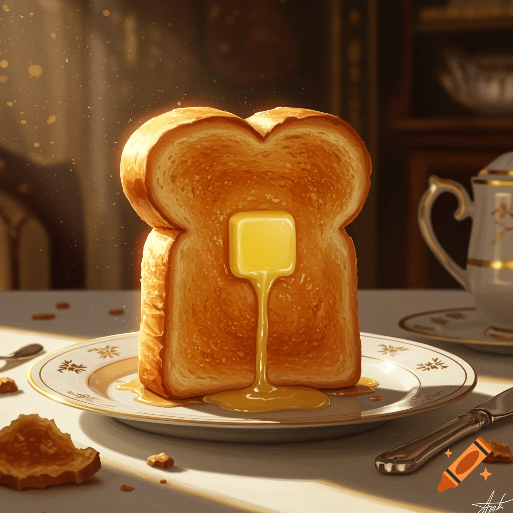 Golden toast slice with melting butter on a decorative plate, sunlight filtering in.