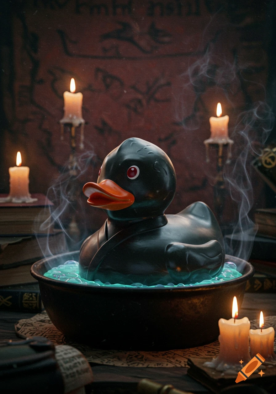 A black rubber duck in a glowing green cauldron, surrounded by lit candles and ancient books, with smoke rising in a mystical setting.
