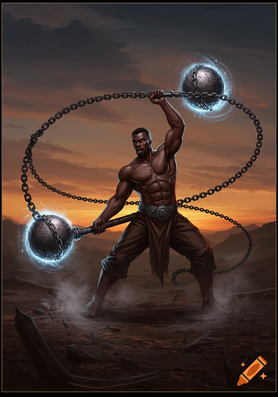 Muscular dark-skinned man wielding a glowing meteor hammer with two chained spheres against a sunset sky.