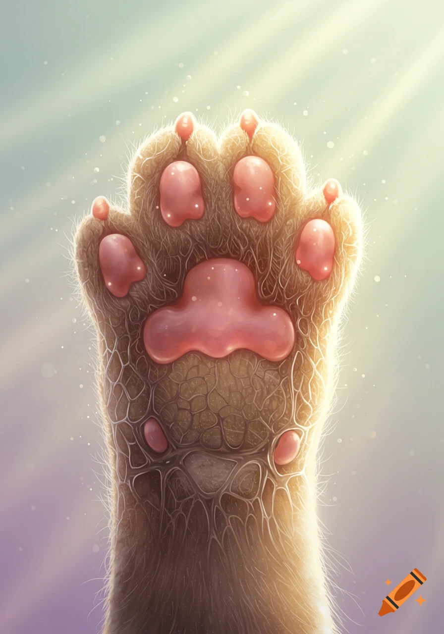 A highly detailed illustration of a cat's paw viewed from underneath, featuring pink pads and intricate skin patterns, bathed in soft sunlight.
