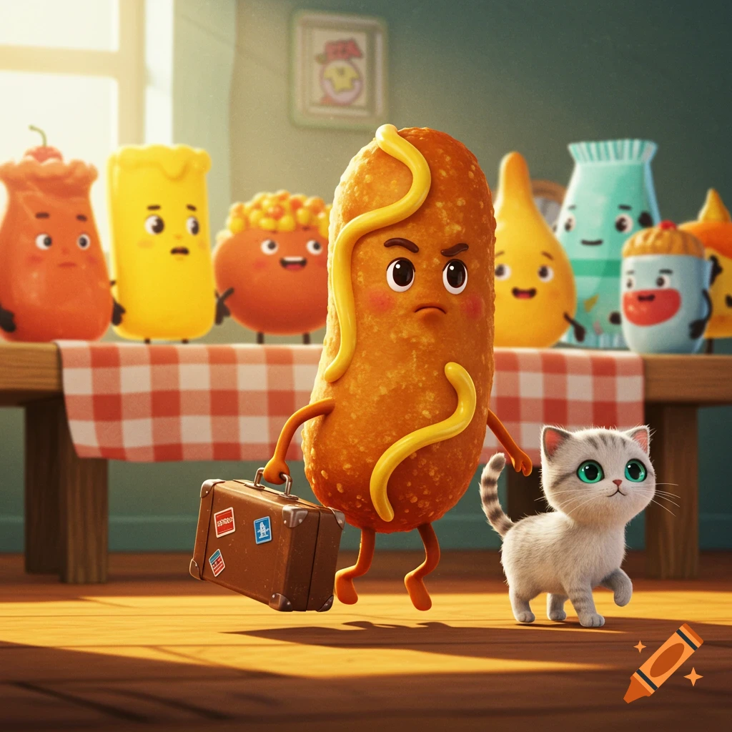 A corn dog character with a suitcase and a kitten walks away from other food characters at a table in a cute, animated style.