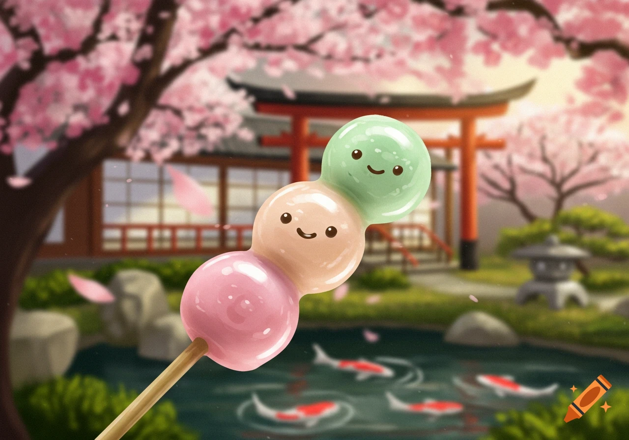 Cute dango on a stick in a Japanese garden with cherry blossoms and a koi pond, in a whimsical illustrative style.