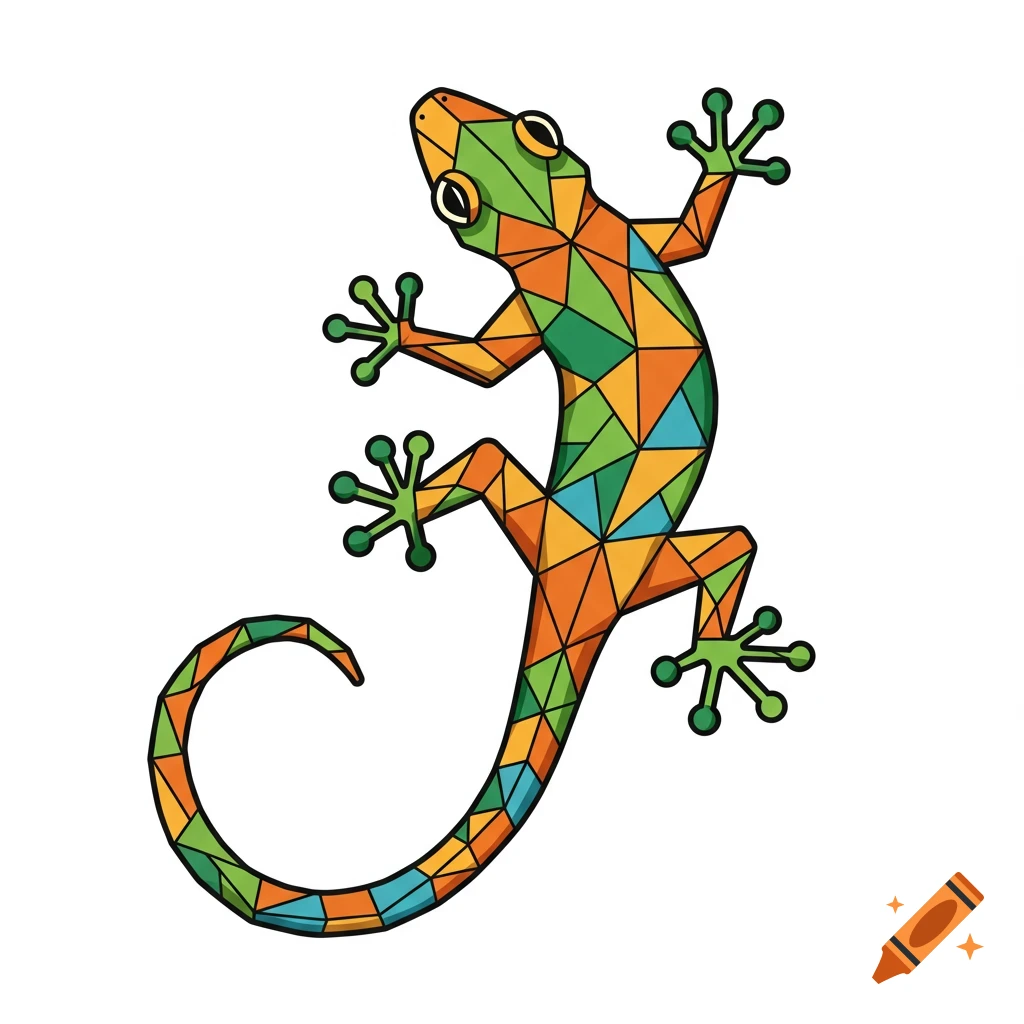 A colorful lizard in a mosaic style, with green, orange, and blue geometric patterns, on a white background.