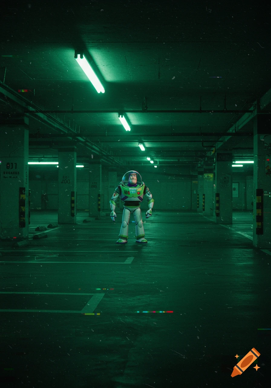 Buzz Lightyear stands in a dark, eerie green-tinted parking garage, captured in a grainy, distorted CCTV style.