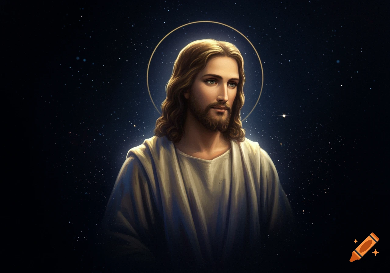 A portrait of Jesus Christ with a halo against a dark, starry background.