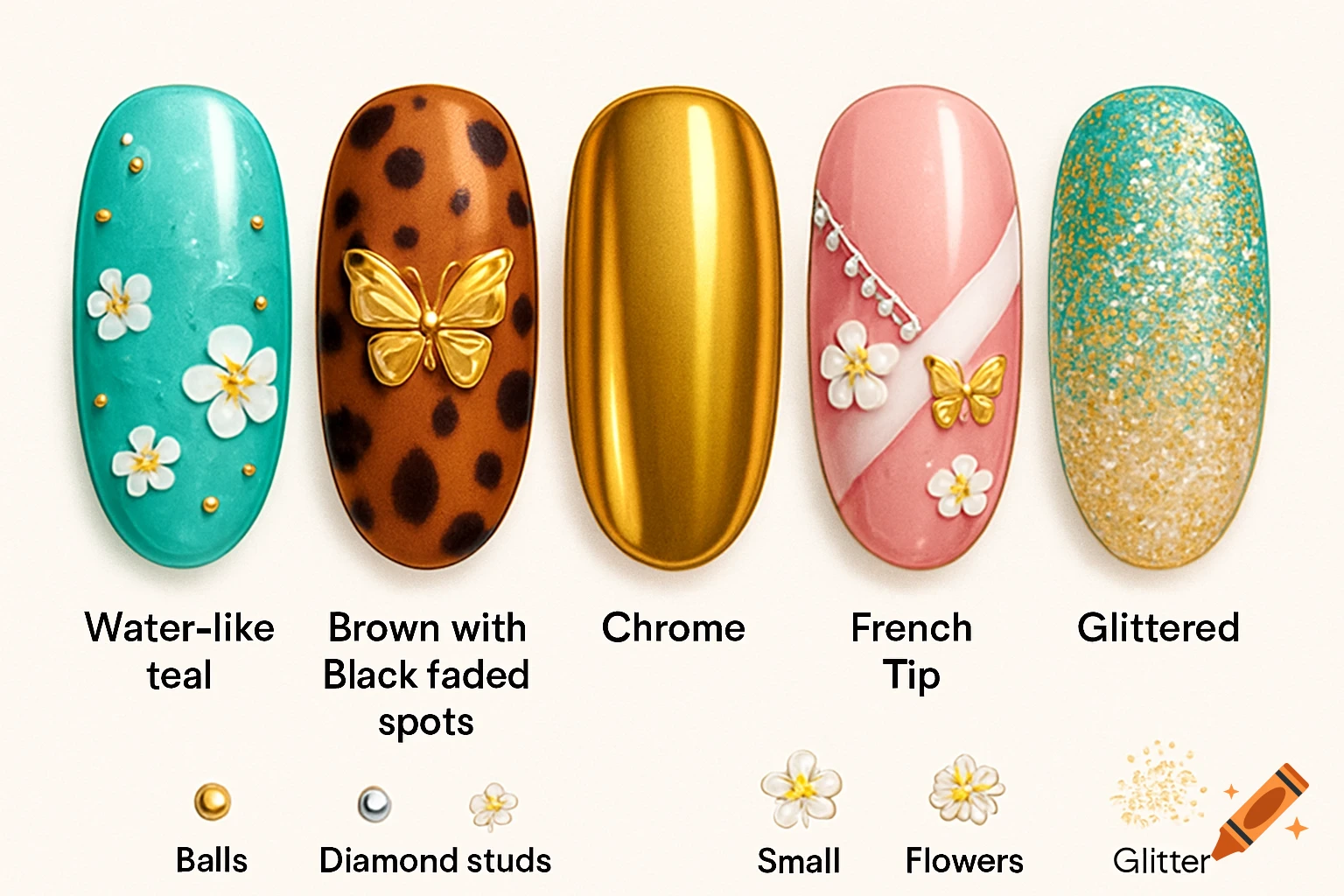 Five different artificial nail designs: teal with flowers, leopard print with butterfly, gold chrome, pink French tip, and glittered.