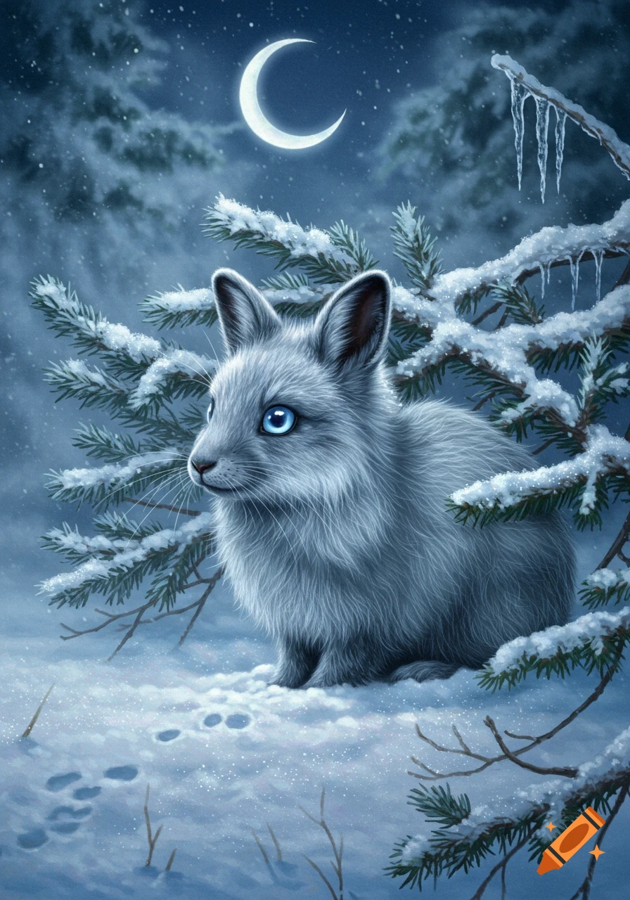 A fluffy white rabbit with blue eyes sits in the snow under a crescent moon, surrounded by snow-covered pine branches.