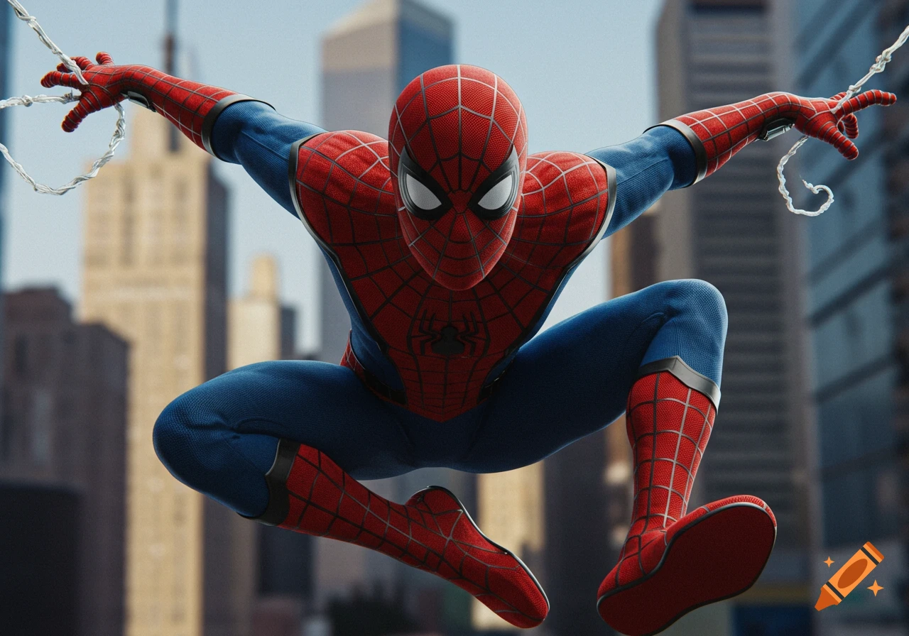 Spider-Man in his classic red and blue suit, leaping through a city with buildings blurred in the background.