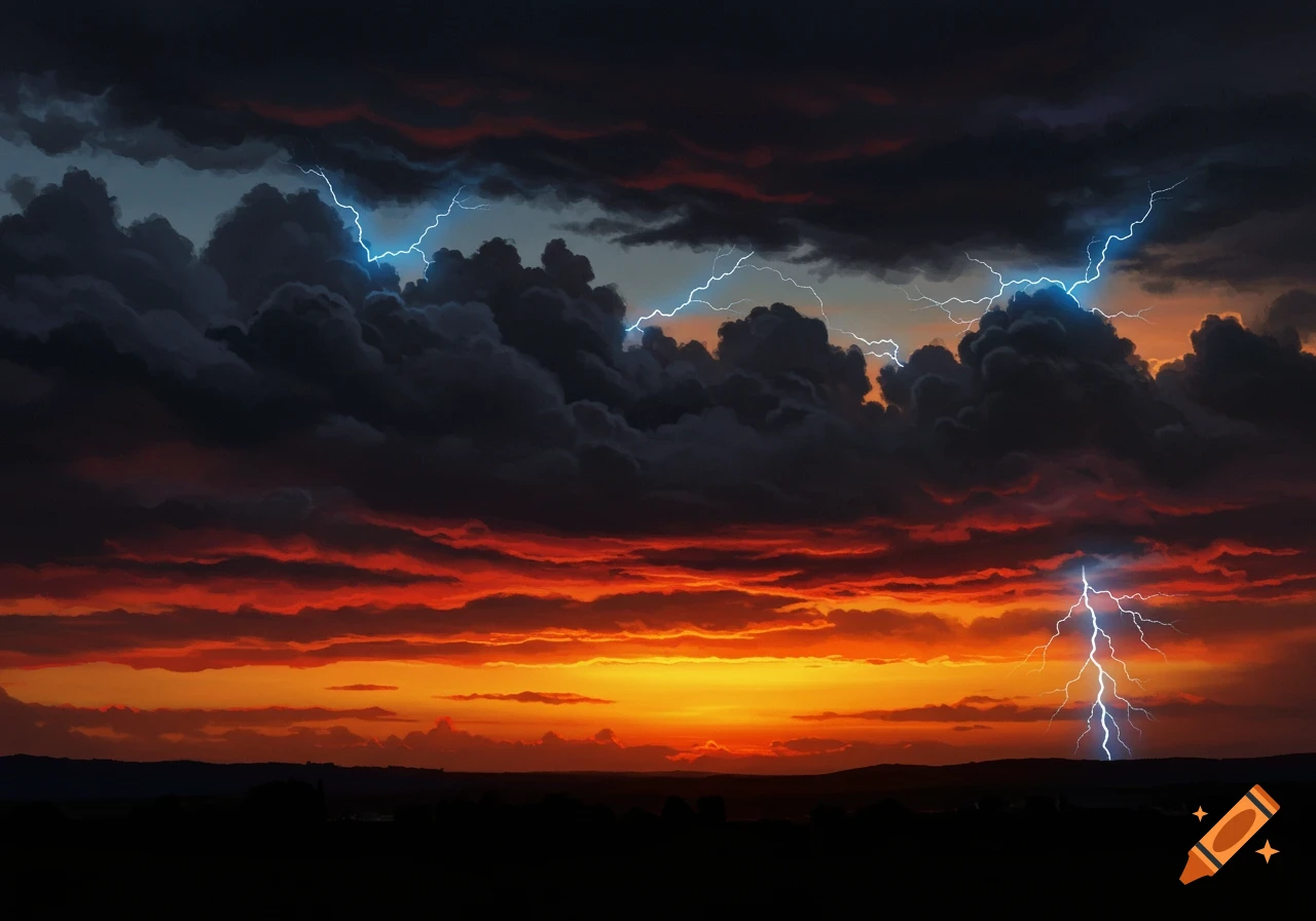 A dramatic landscape features a dark, stormy sky with bright lightning bolts, contrasting with a vibrant orange and red sunset over a silhouetted horizon.