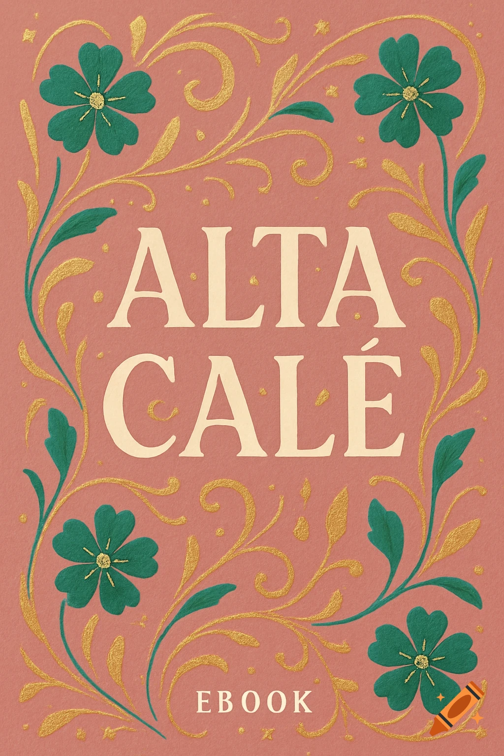 An elegant ebook cover with 'ALTA CAL ' and 'EBOOK' in cream font on a dusty pink background, surrounded by gold swirling vines and emerald green flowers.