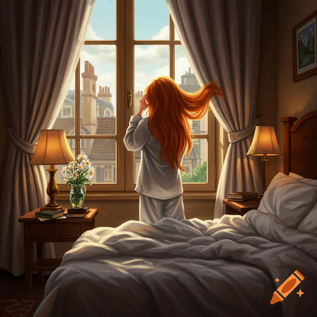 Illustrated image of a red-haired woman in pajamas looking out a window at city rooftops from a sunlit bedroom.