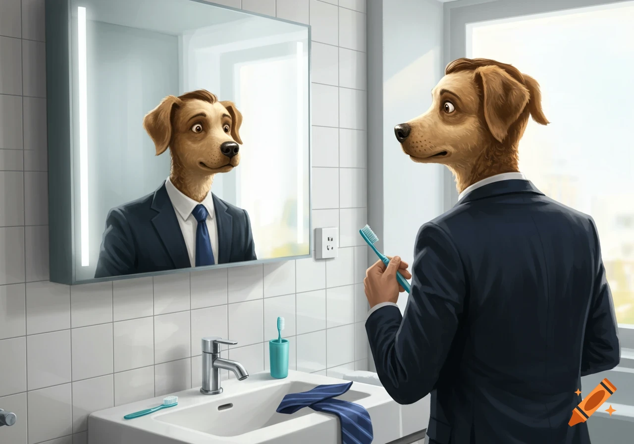 An anthropomorphic dog in a suit looks in a bathroom mirror with a surprised expression, holding a toothbrush.