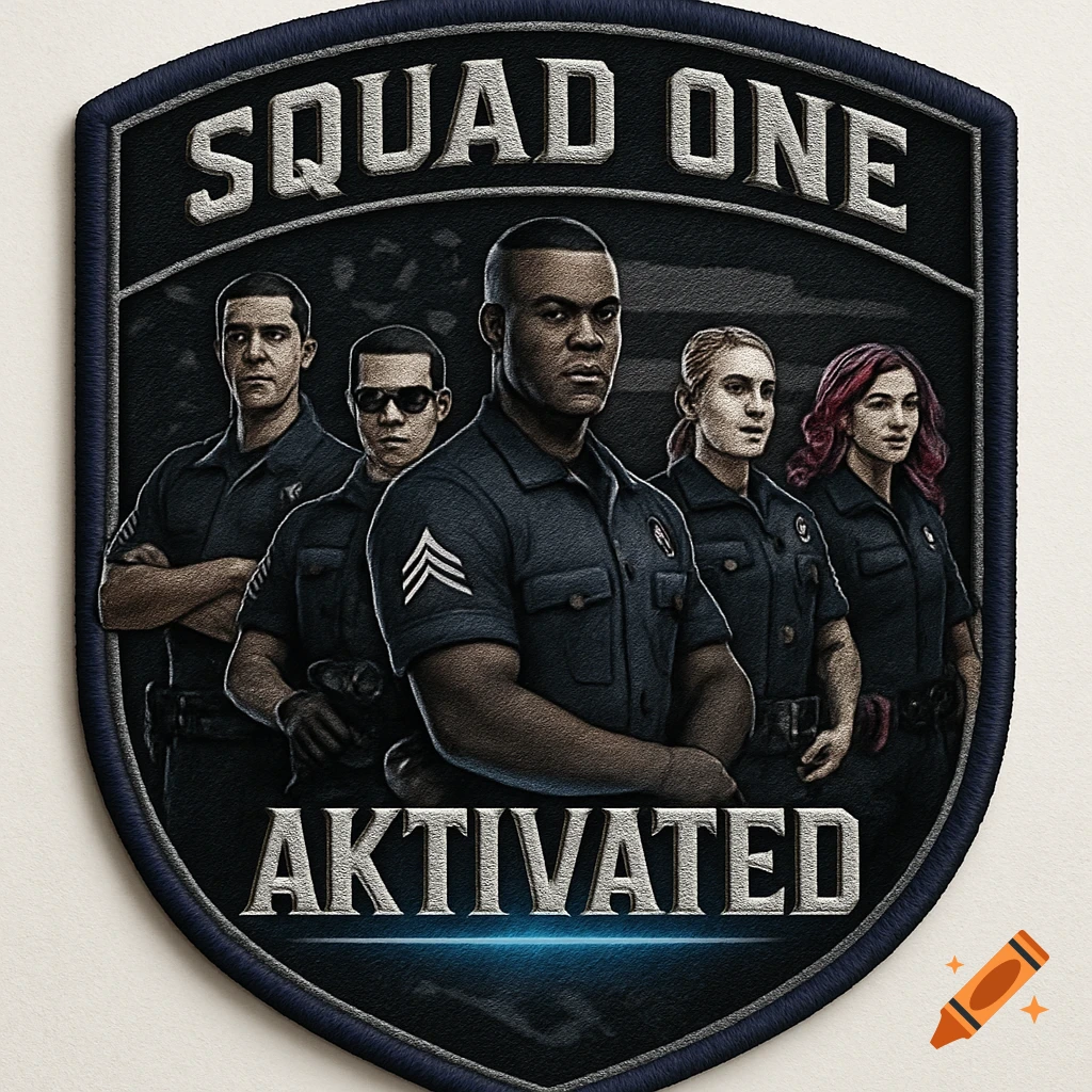 Dark, shield-shaped embroidered patch with 'SQUAD ONE' and 'AKTIVATED' featuring five uniformed police officers.