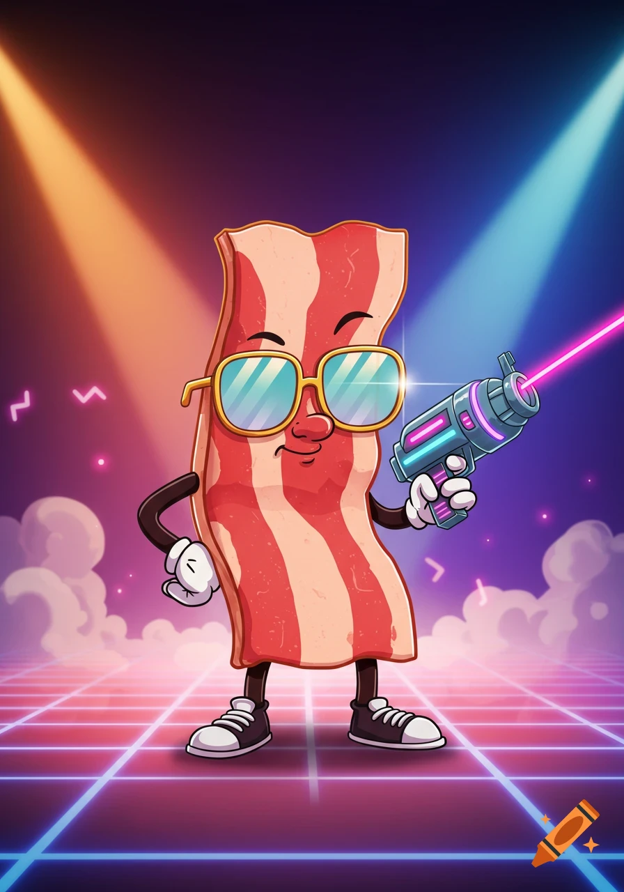 A cartoon bacon strip wearing sunglasses and holding a laser gun on a retro grid background with spotlights.