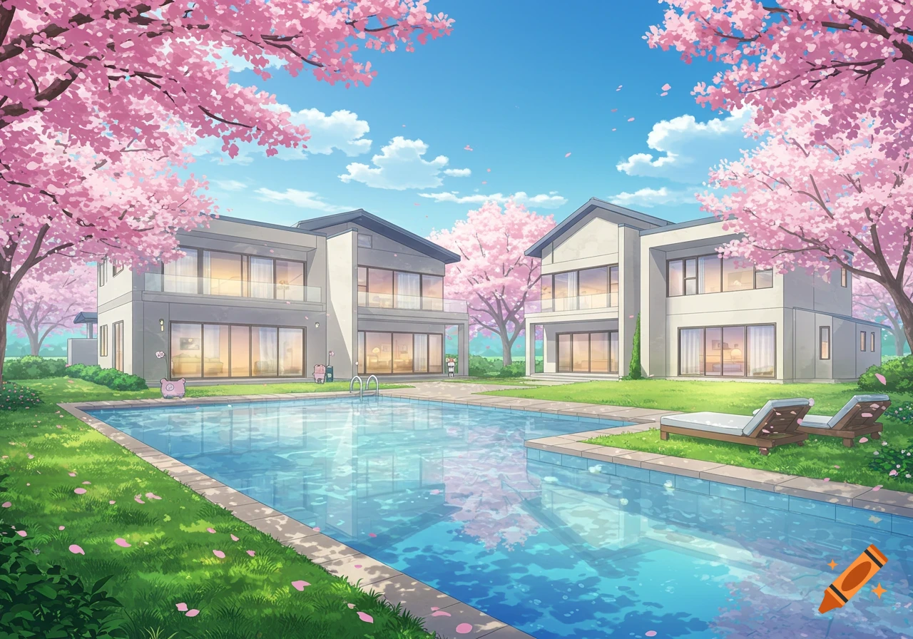 Anime illustration of two modern houses with a pool and lush green lawn, surrounded by vibrant pink cherry blossom trees.