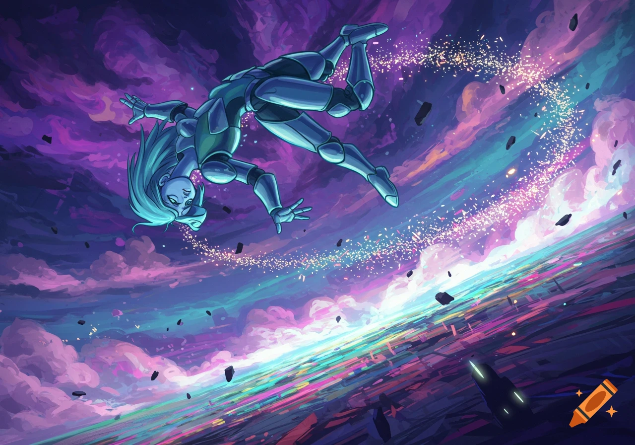 A humanoid character in metallic armor falls through a vibrant purple and blue cosmic sky, surrounded by sparkling light and floating debris.