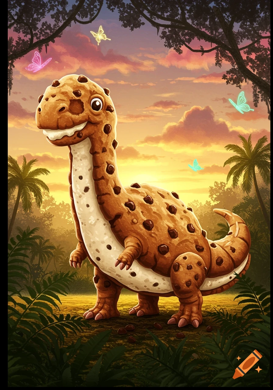 A cute cookie dinosaur with chocolate chips and an ice cream belly stands in a jungle at sunset with glowing butterflies.