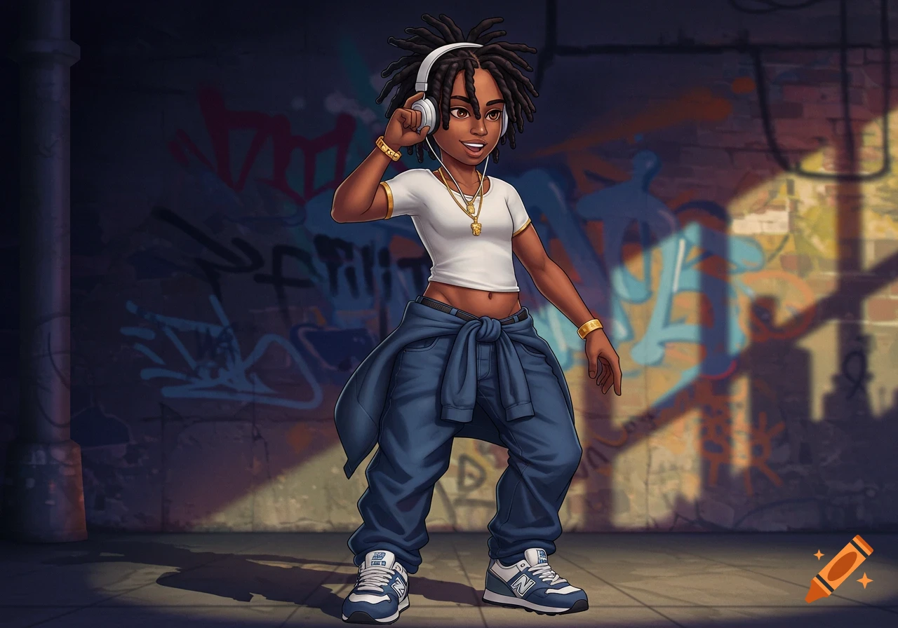 A stylized character with dreadlocks and headphones, wearing a white crop top, baggy jeans, and a jacket tied around the waist, standing in an urban alley with graffiti.