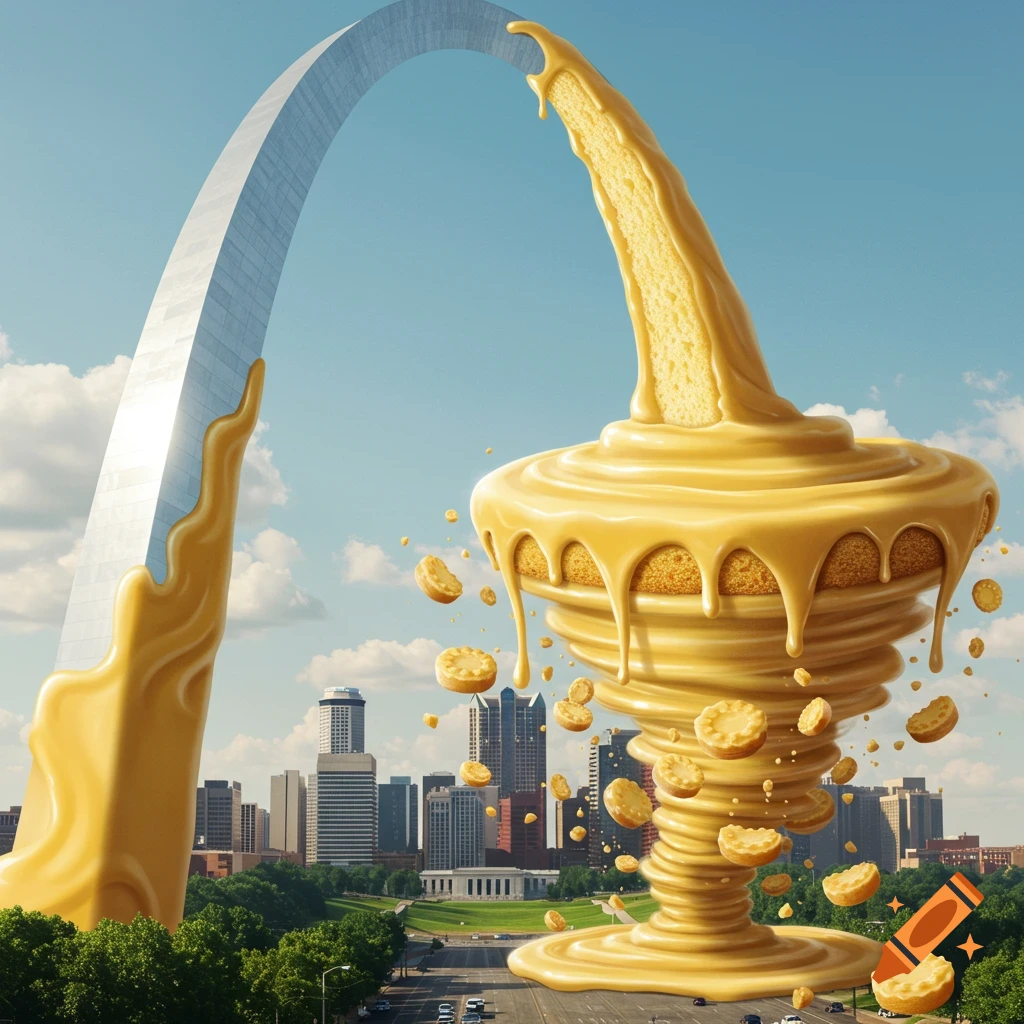 The St. Louis Gateway Arch is shown dripping with yellow frosting and cake batter, connecting to a tornado of cakes and pastries, against a city skyline.