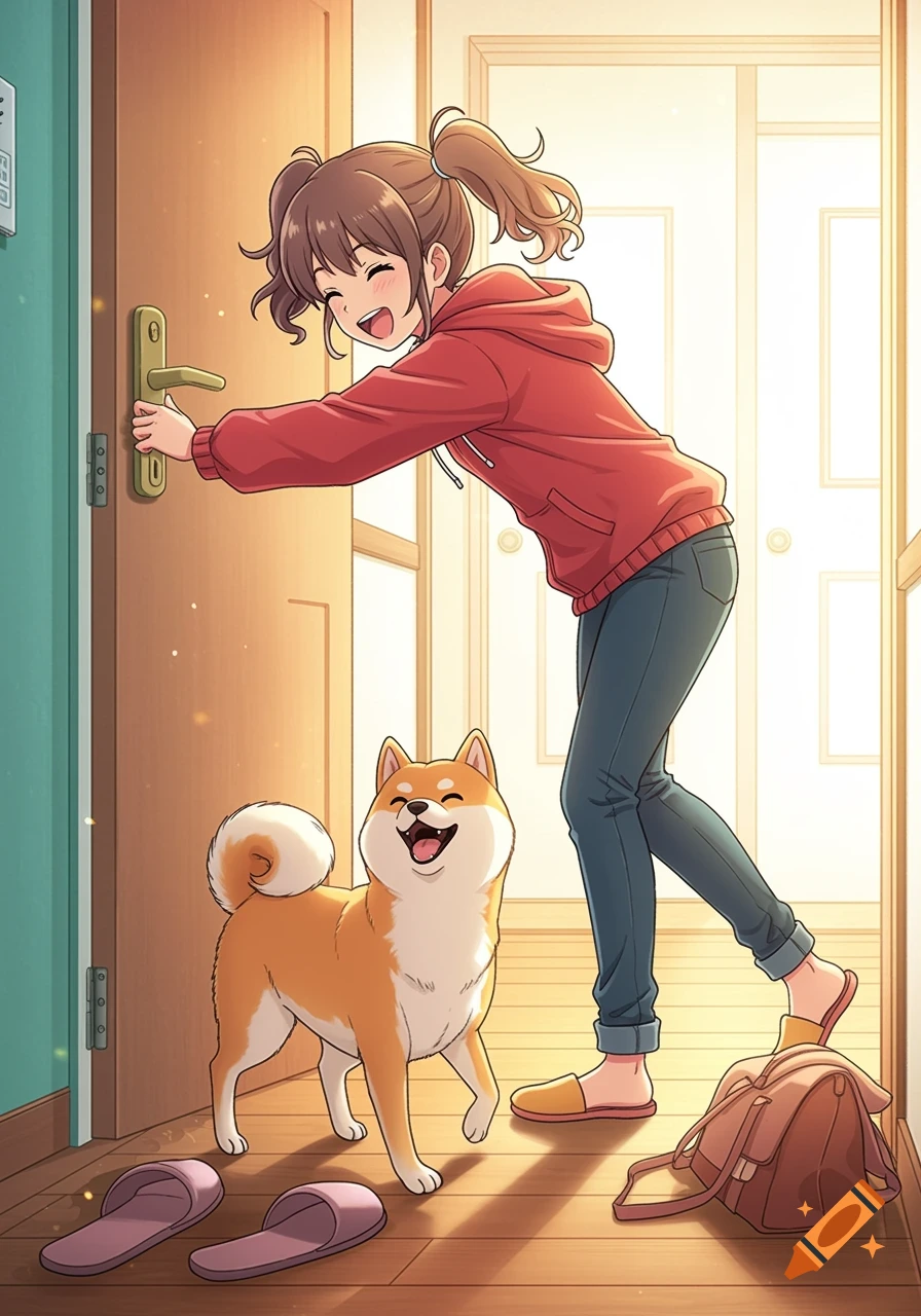 Anime girl in a red hoodie and jeans opens a door to greet her excited Shiba Inu dog in a sunny hallway.