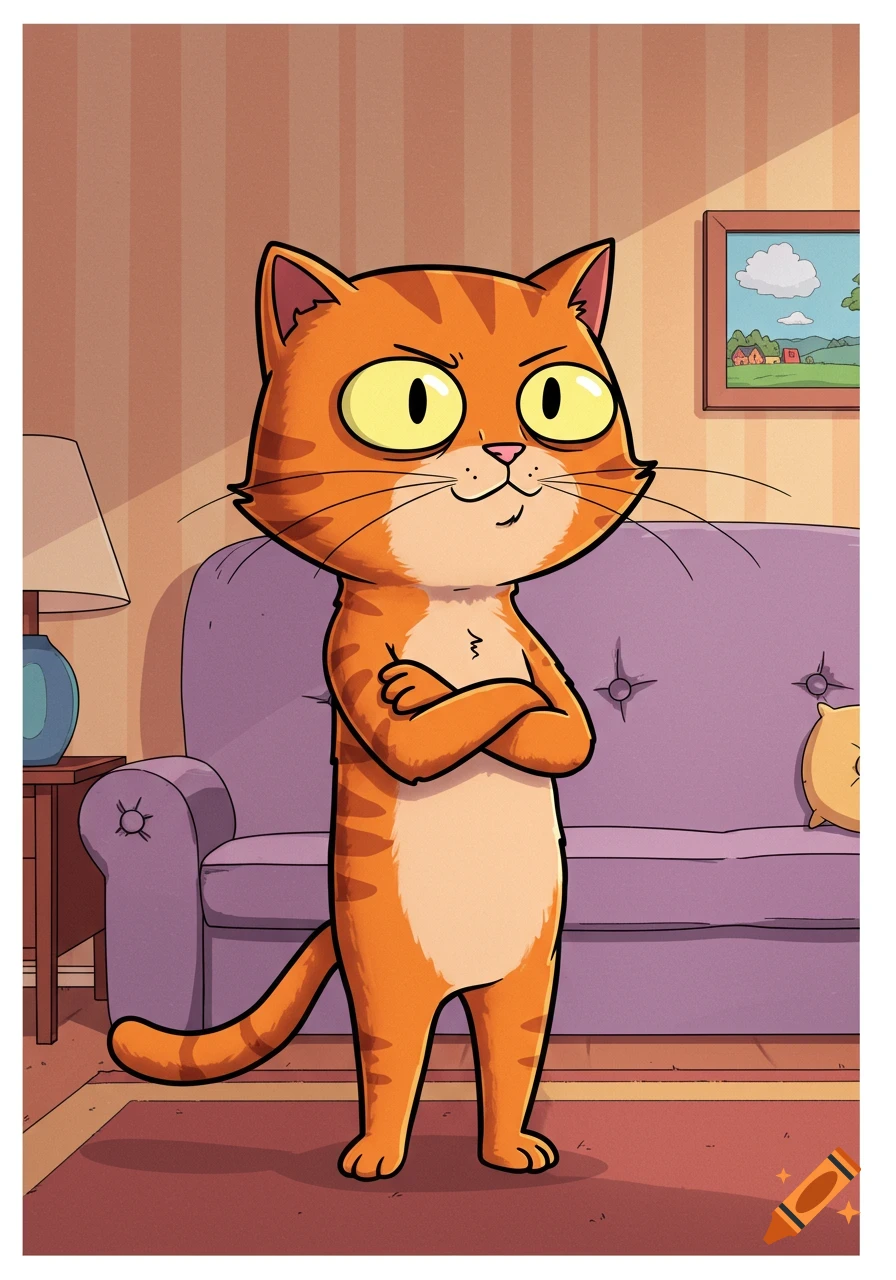A cartoon orange tabby cat with large yellow eyes stands with arms crossed in a living room, in the style of Family Guy.