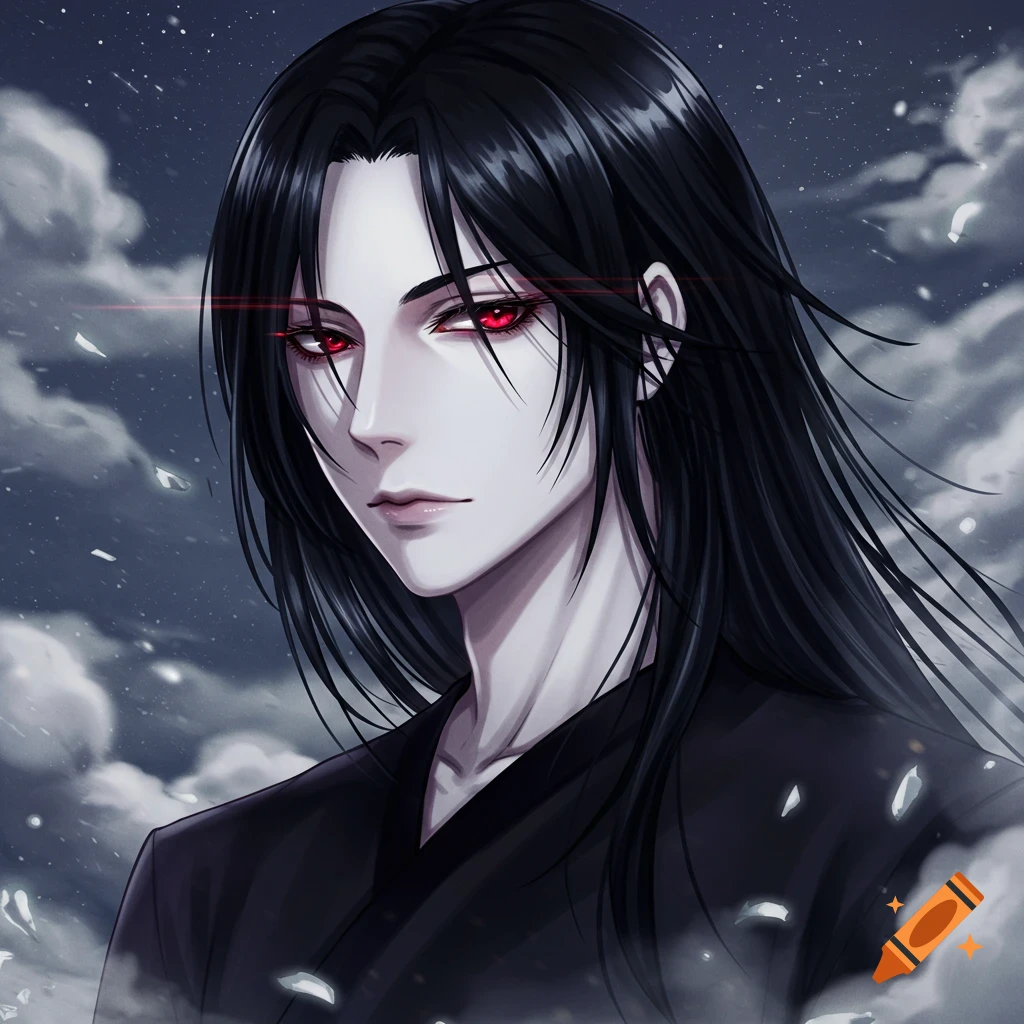 Anime portrait of a pale man with long black hair and glowing red eyes under a cloudy sky.