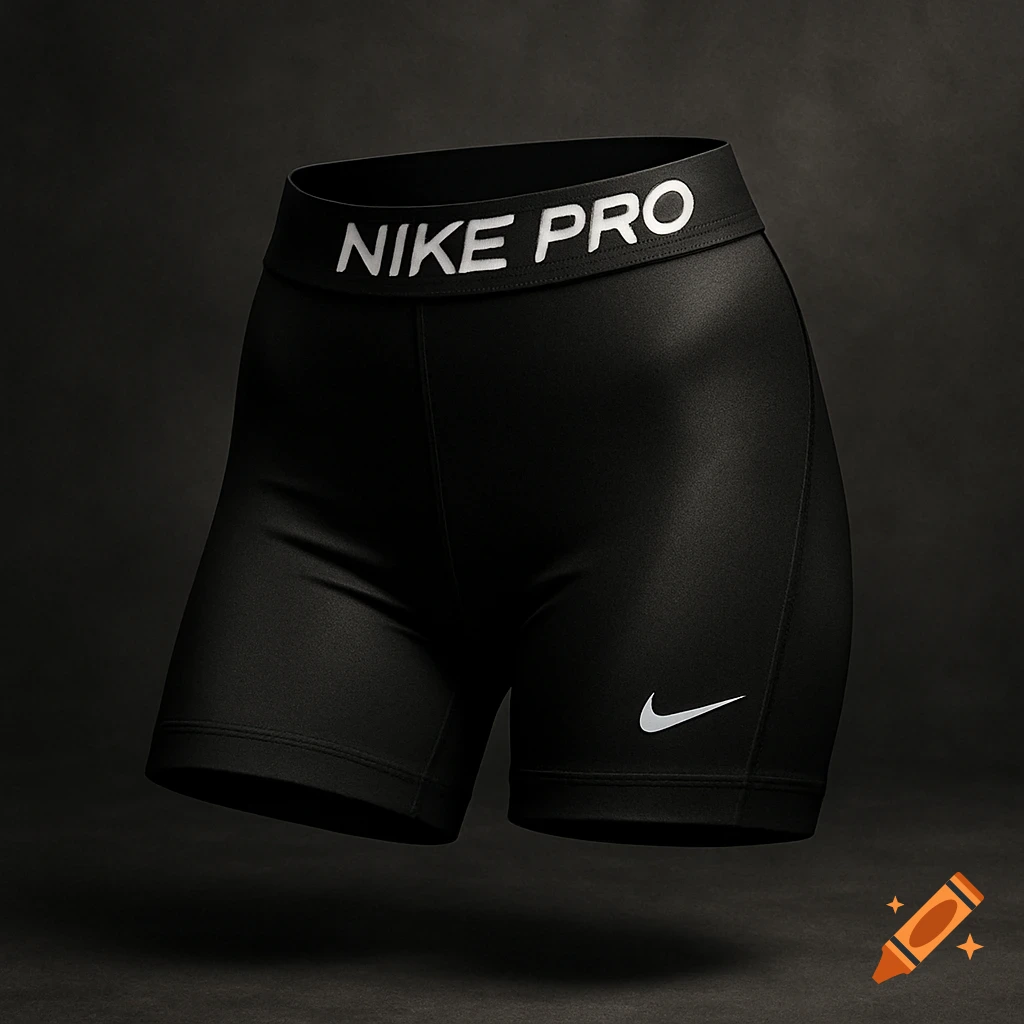 Black Nike Pro compression shorts with white waistband lettering and swoosh logo on a dark background.