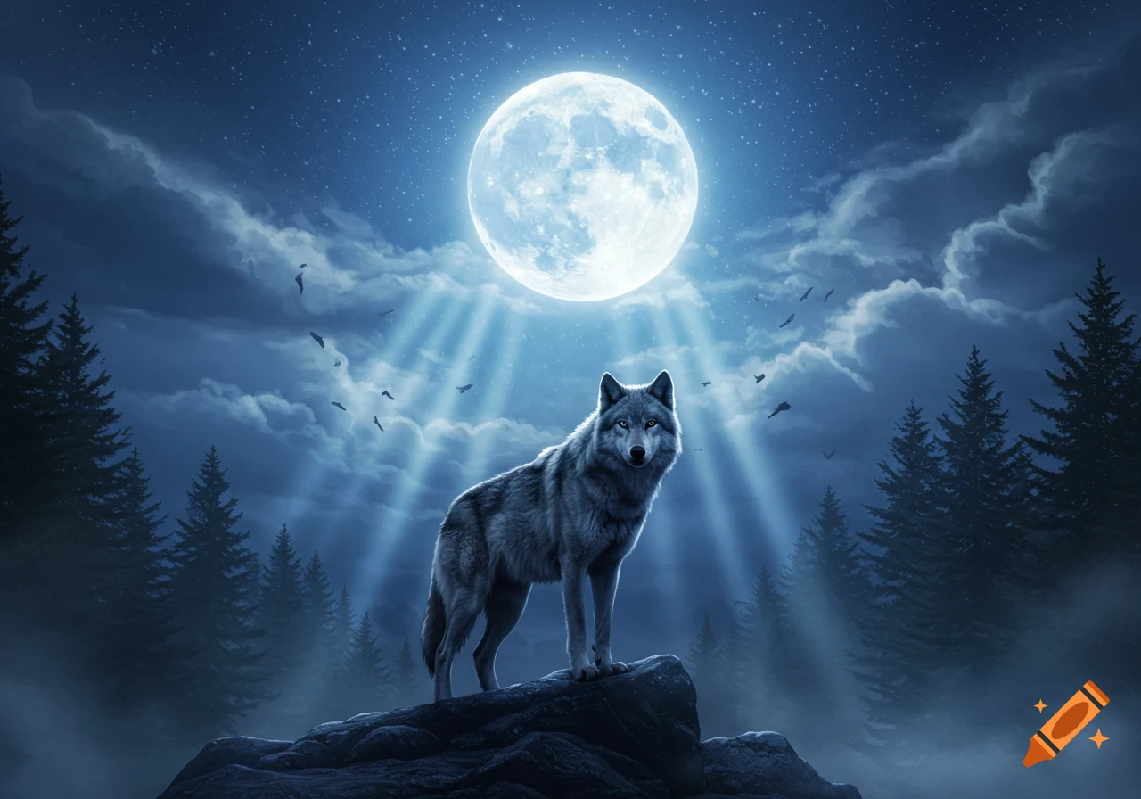 A majestic gray wolf stands on rocks under a bright full moon, with light rays piercing through a dark, starry night forest.