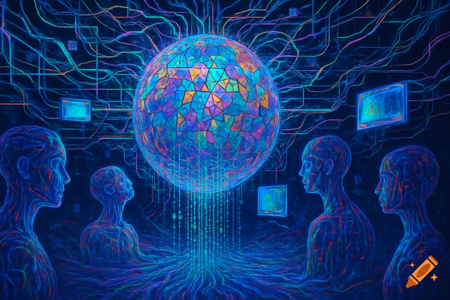 Abstract art showing glowing human-like figures connected by neural networks to a large colorful orb.
