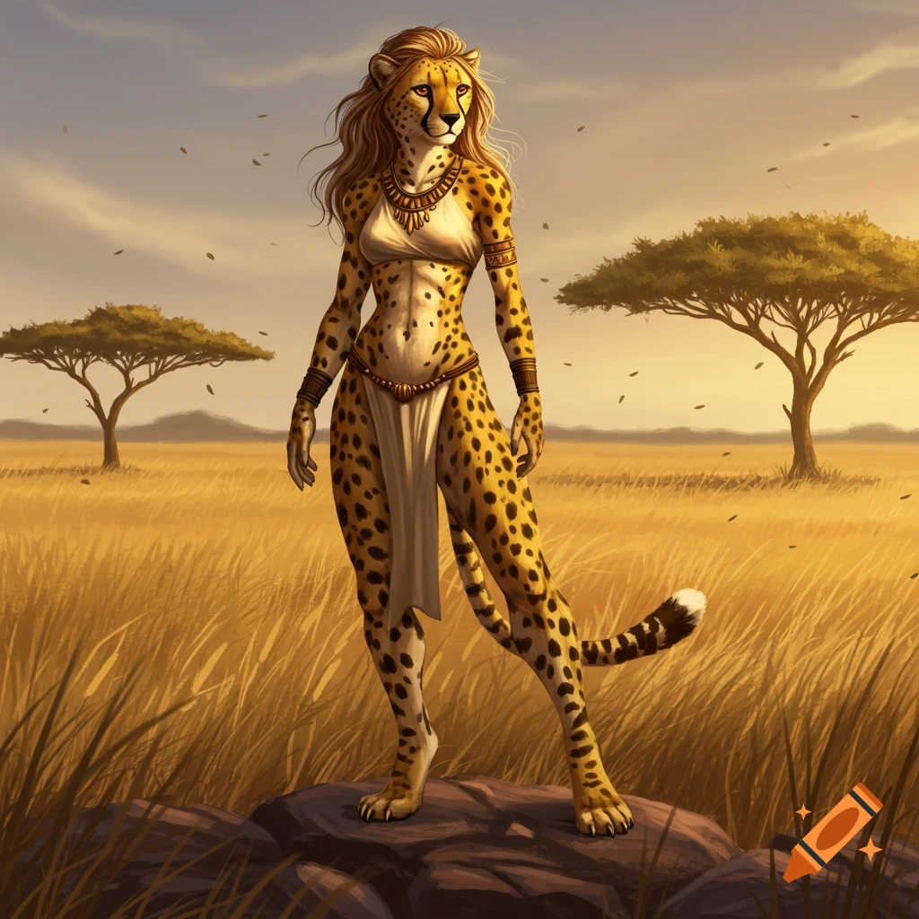 A humanoid cheetah with long blonde hair and traditional attire stands on a rock in a golden savanna at sunset.