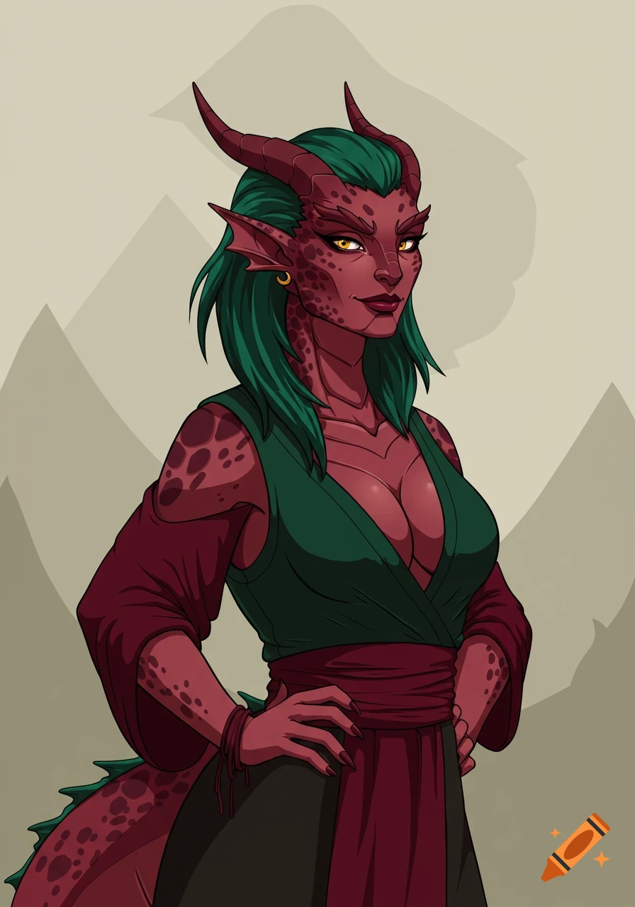 An illustration of a red-skinned, green-haired dragon woman with horns and scales, wearing a green and maroon outfit, standing with hands on hips.