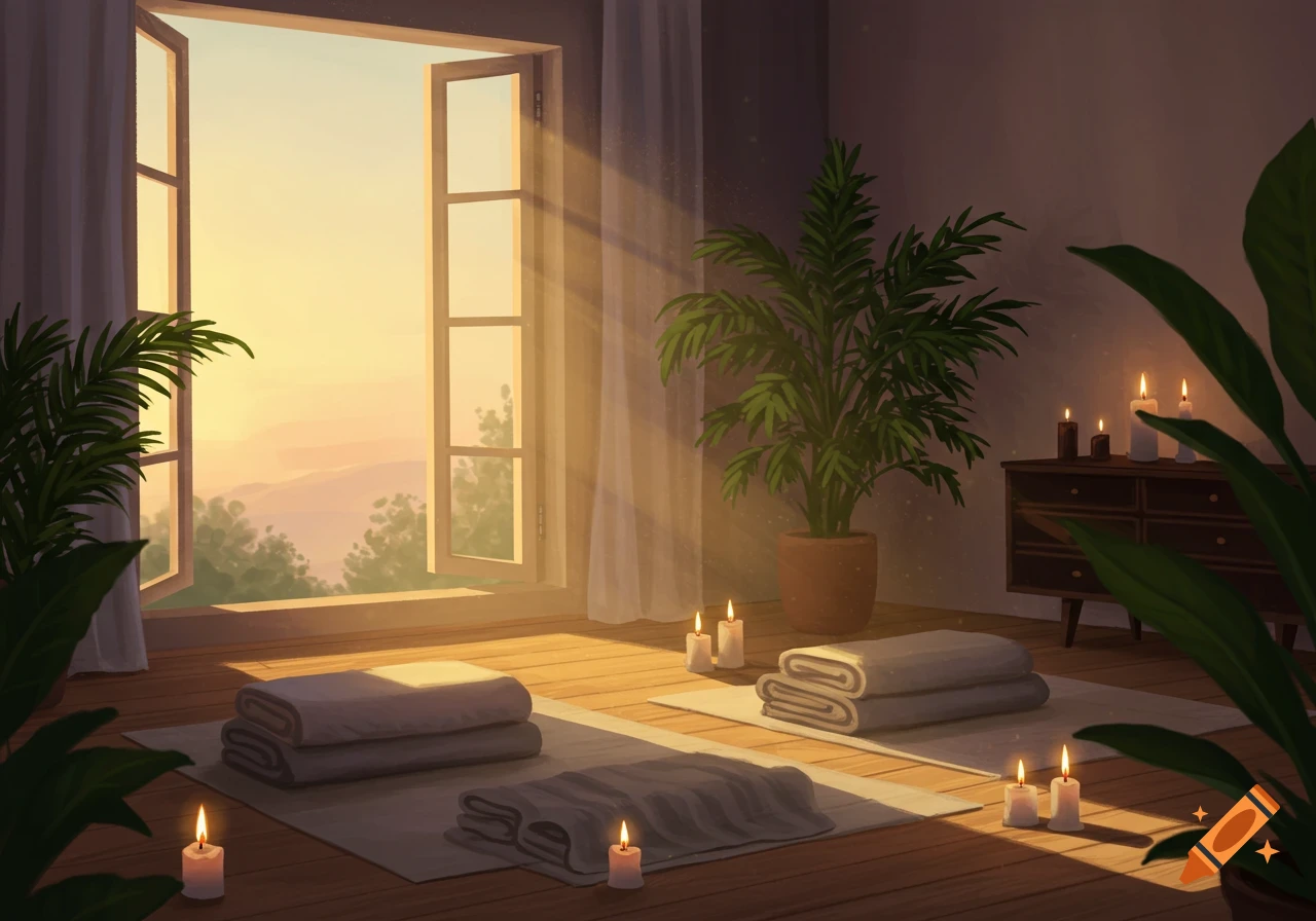 A serene room with sunset light streaming through a window, illuminating folded blankets, potted plants, and lit candles.