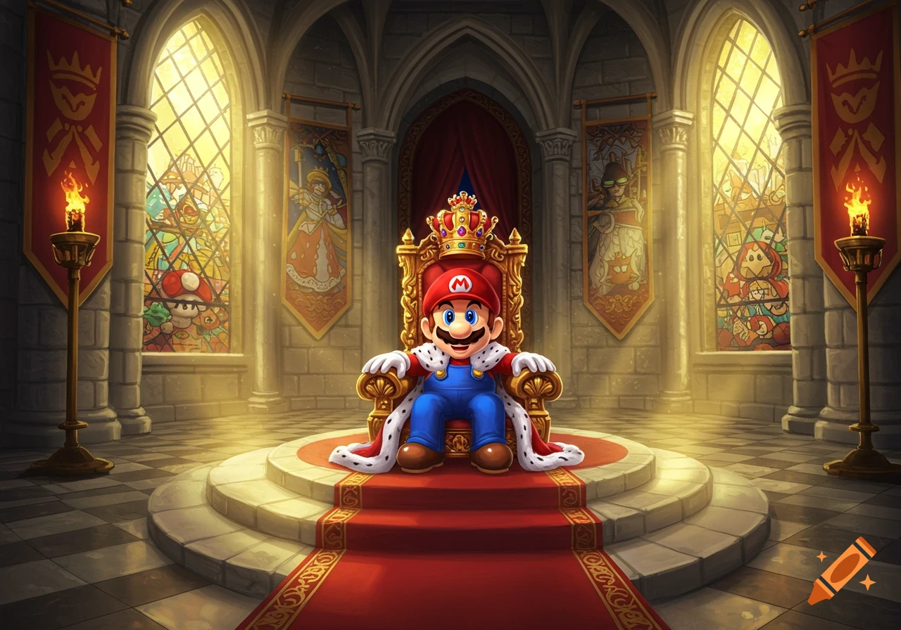 Mario, dressed as a king with a crown and royal robe, sits on a golden throne in a grand castle hall with stained glass windows.