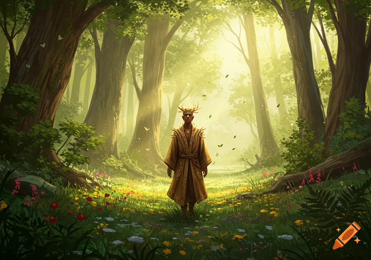 A person with deer-like antlers and an ornate robe stands in a sunlit, vibrant green forest clearing with colorful wildflowers.