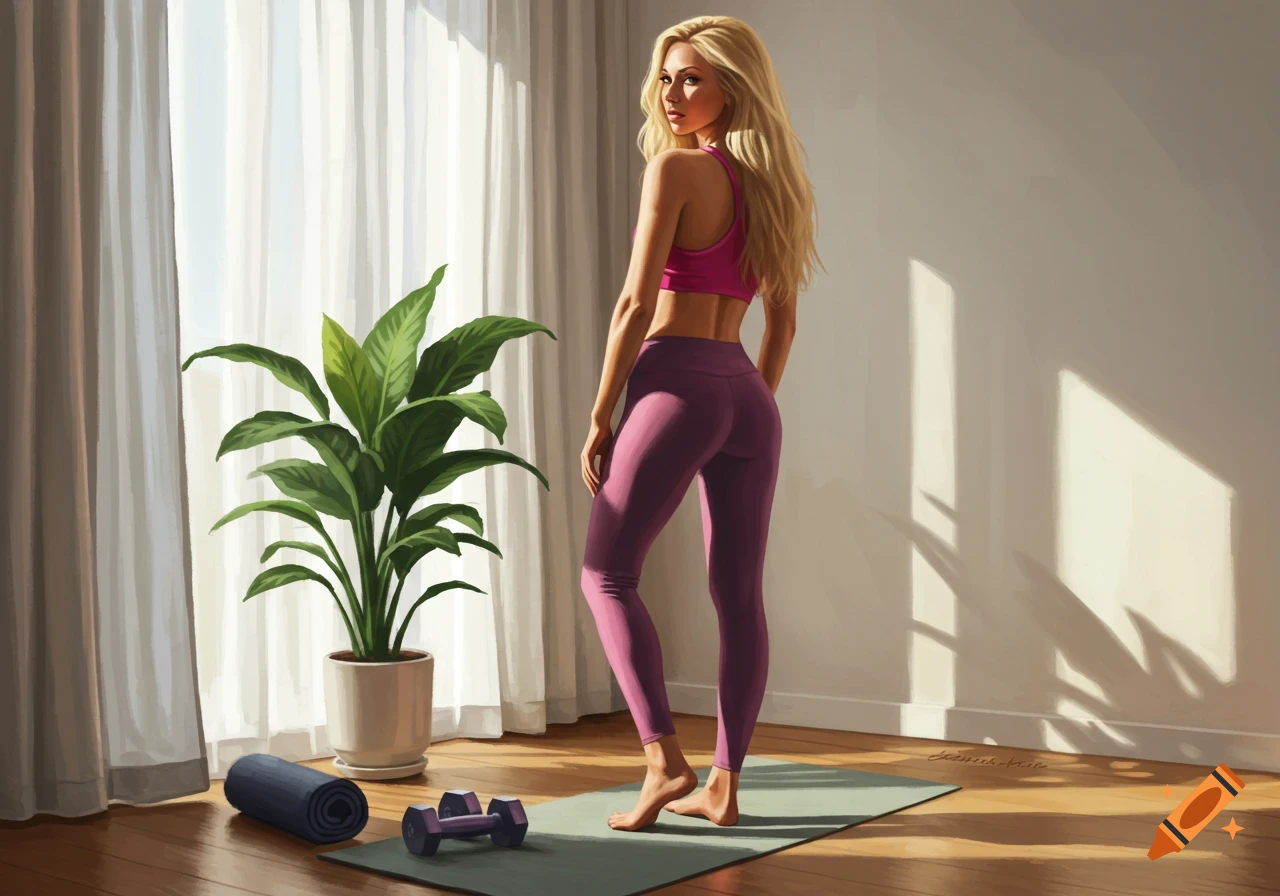 A blonde woman in a pink sports bra and purple yoga pants stands on a yoga mat in a sunlit room with a plant and weights, looking over her shoulder.