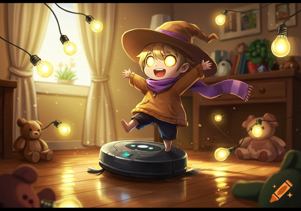 A cute, wide-eyed, chibi anime character with a brown hat and purple scarf stands on a robot vacuum in a room with glowing string lights.