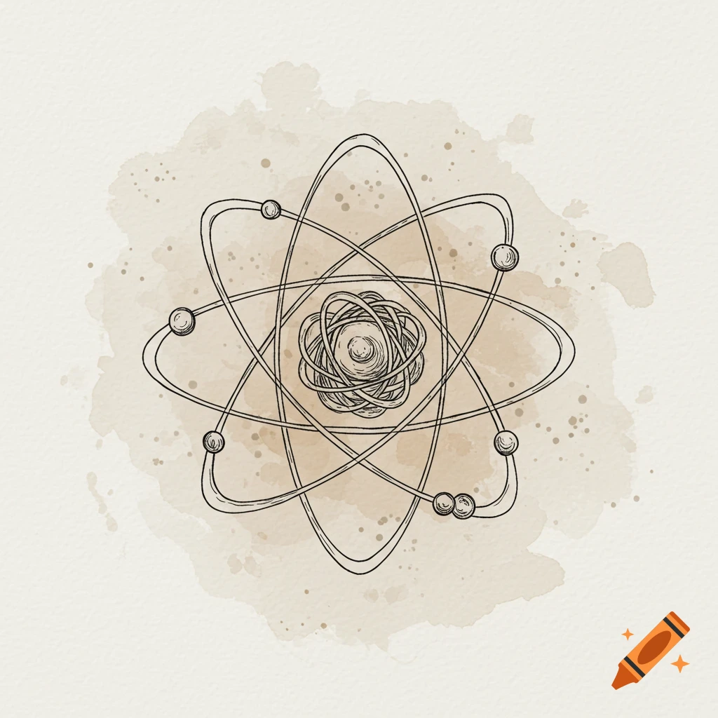 Minimalist sketch of an atom model with electrons orbiting a nucleus, on a beige watercolor splash background.
