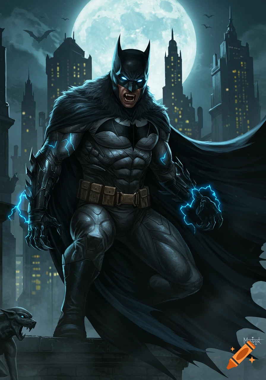 Batman with wolf-like features, glowing eyes, and electrical powers, crouches on a Gotham City rooftop under a full moon.
