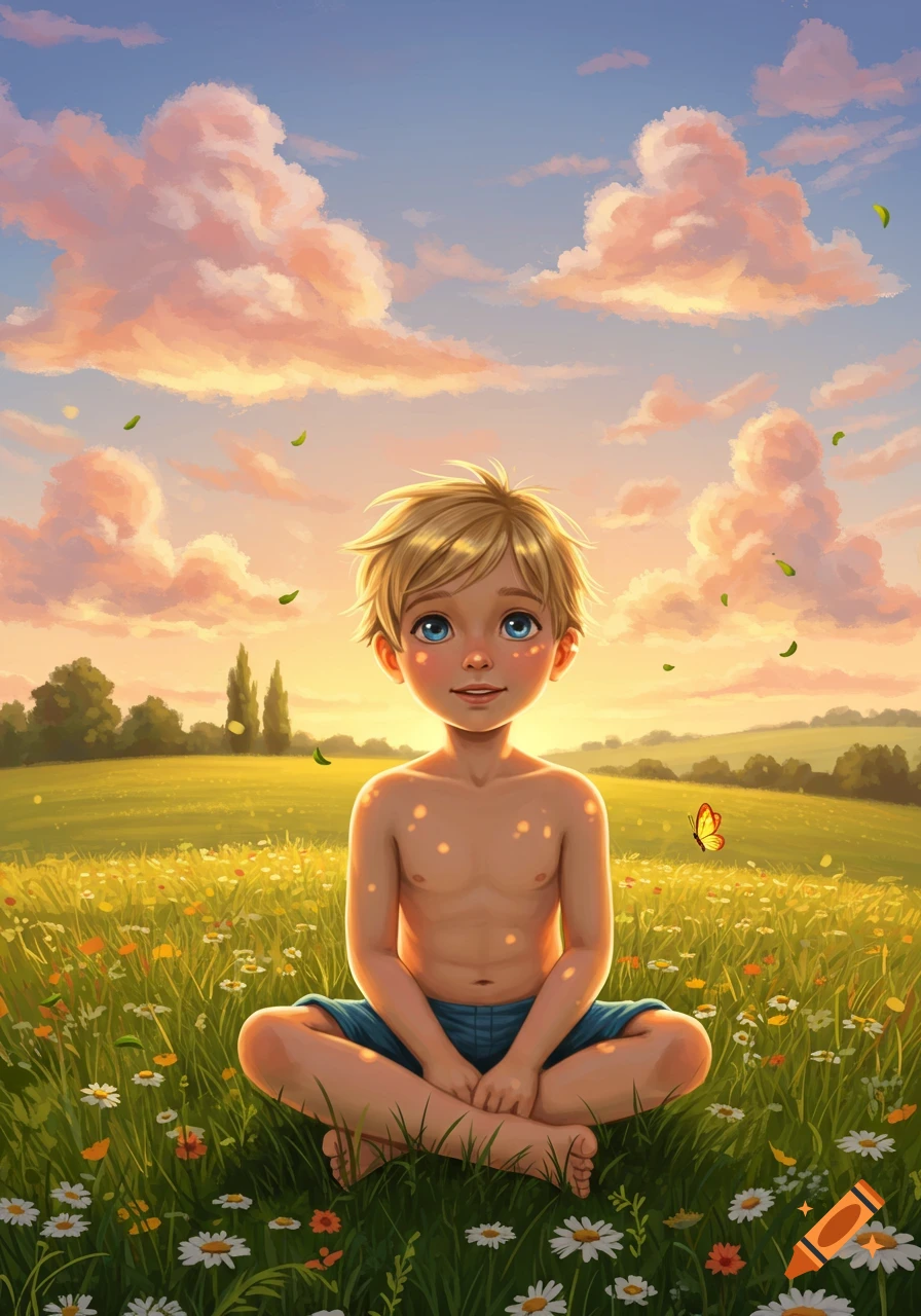A blonde boy sits cross-legged in a field of wildflowers under a vibrant sunset sky in a whimsical illustration.