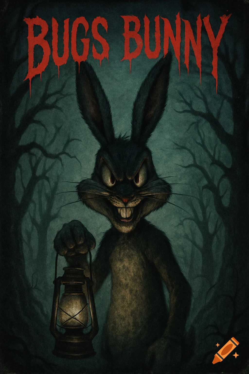 Menacing Bugs Bunny with glowing eyes holds a lantern in a dark forest, stylized as a horror movie poster.