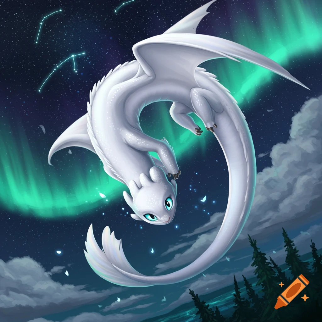 A white dragon, the Light Fury, flies upside down against a dark night sky with a vibrant green aurora borealis and twinkling stars.