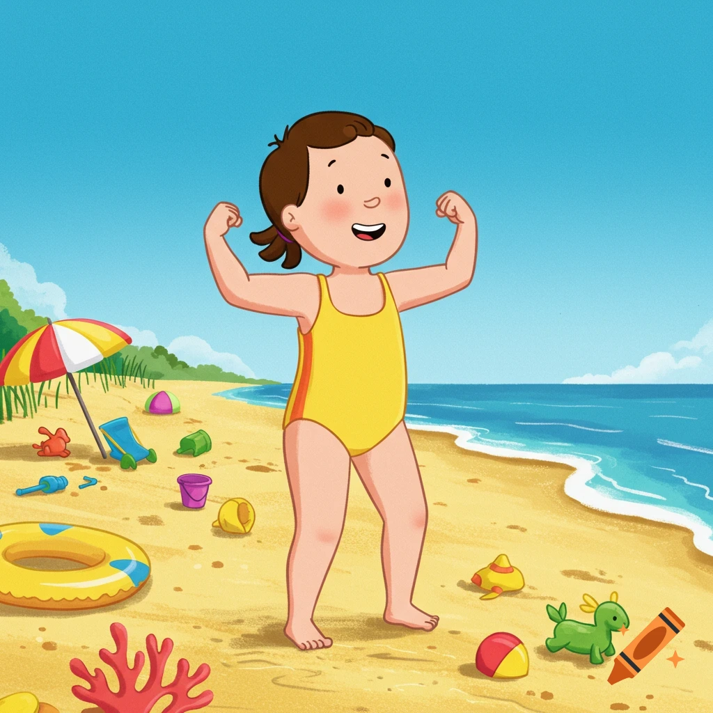 A cartoon child in a yellow swimsuit flexes their arms at a sunny beach with toys, an umbrella, and blue ocean waves.