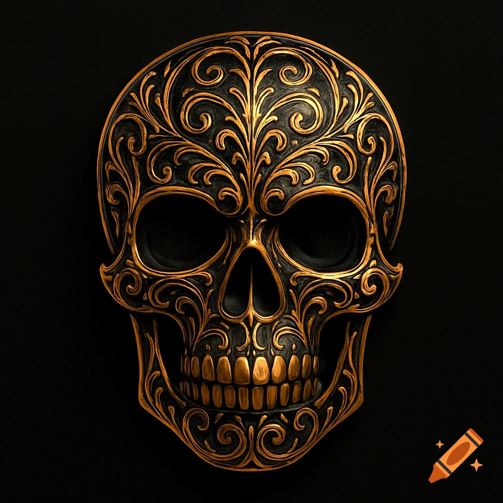 A black skull adorned with intricate gold scrollwork details against a dark background.