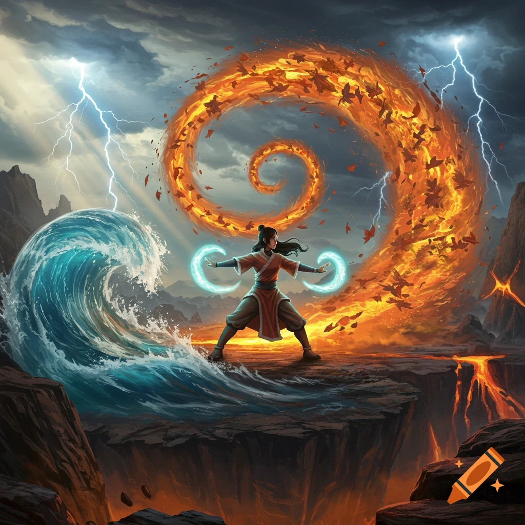 A powerful bender in a fantasy landscape controls swirling water, fiery spirals, and lightning during a storm.