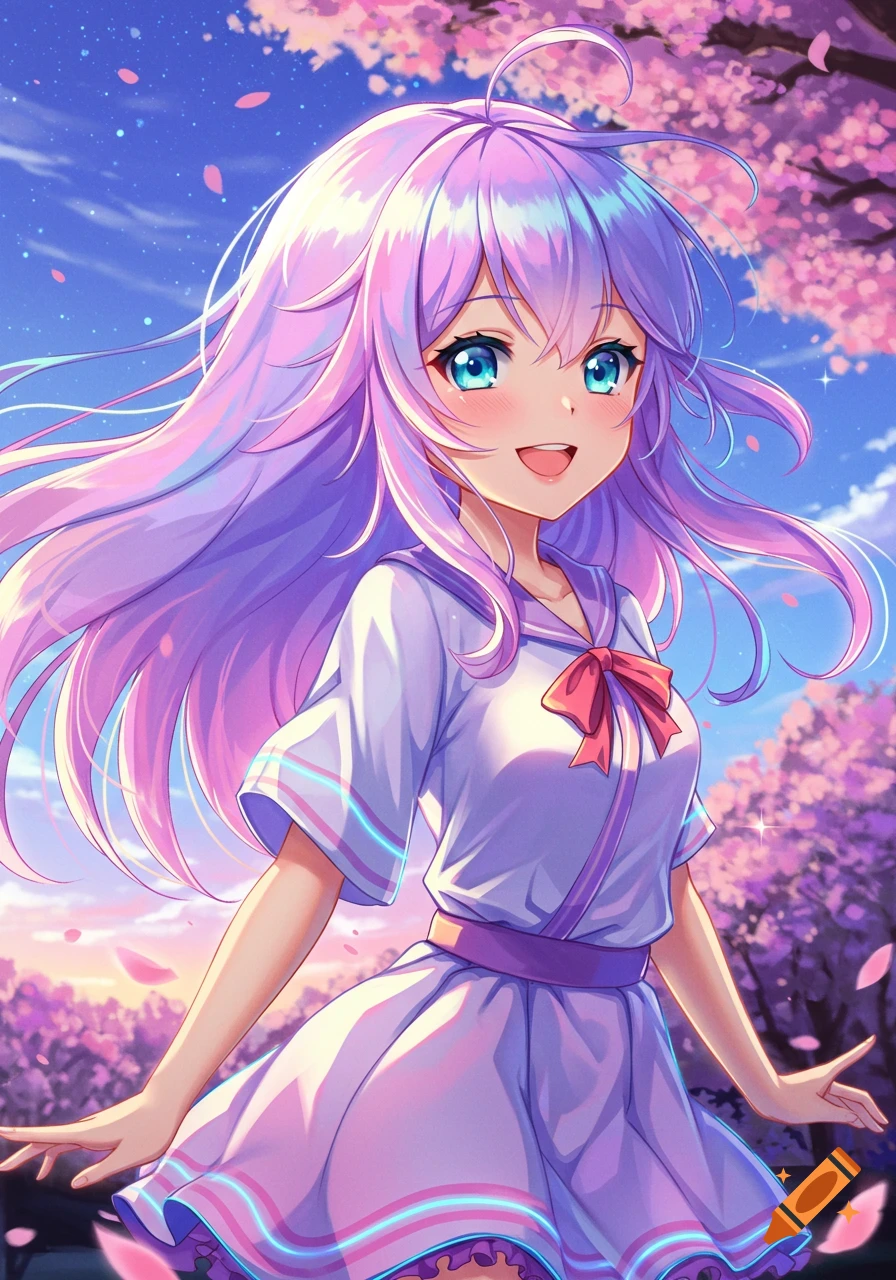 Smiling anime girl with long purple hair and blue eyes in a white and purple dress, standing amidst pink cherry blossoms under a blue sky.