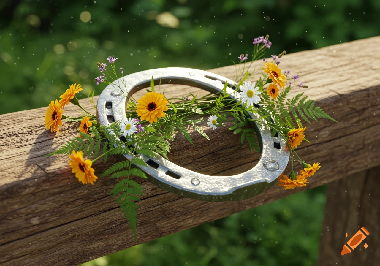 A photorealistic image of a silver horseshoe adorned with yellow, white, and purple flowers and green ferns, resting on a rustic wooden fence in soft sunlight.