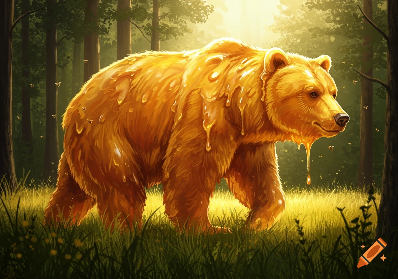 A large brown bear covered in dripping honey walks through a sunlit forest with bees. Illustrated.